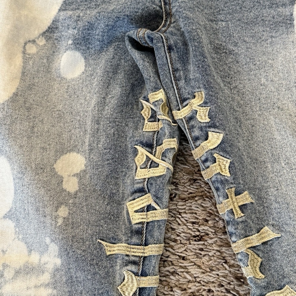 NOVA Bleached Denim Jeans Men Size 34 Embroidered Gothic Raw Hem - Picture 2 of 16